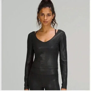 Lululemon Align Shine V-Neck Long Sleeve Crop Radiate Foil Print Black Crop